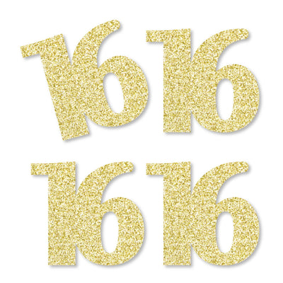 Gold Glitter 16 - No-Mess Real Gold Glitter Cut-Out Numbers - 16th Birthday Party Confetti - Set of 24