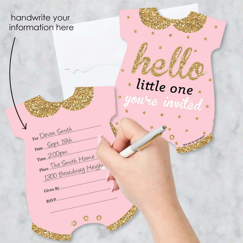 Hello Little One - Pink and Gold - Shaped Fill-In Invitations - Girl Baby Shower Invitation Cards with Envelopes - Set of 12