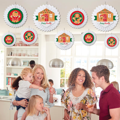Gingerbread Christmas - Hanging Gingerbread Man Holiday Party Tissue Decoration Kit - Paper Fans - Set of 9