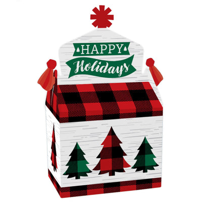Holiday Plaid Trees - Treat Box Party Favors - Buffalo Plaid Christmas Party Goodie Gable Boxes - Set of 12
