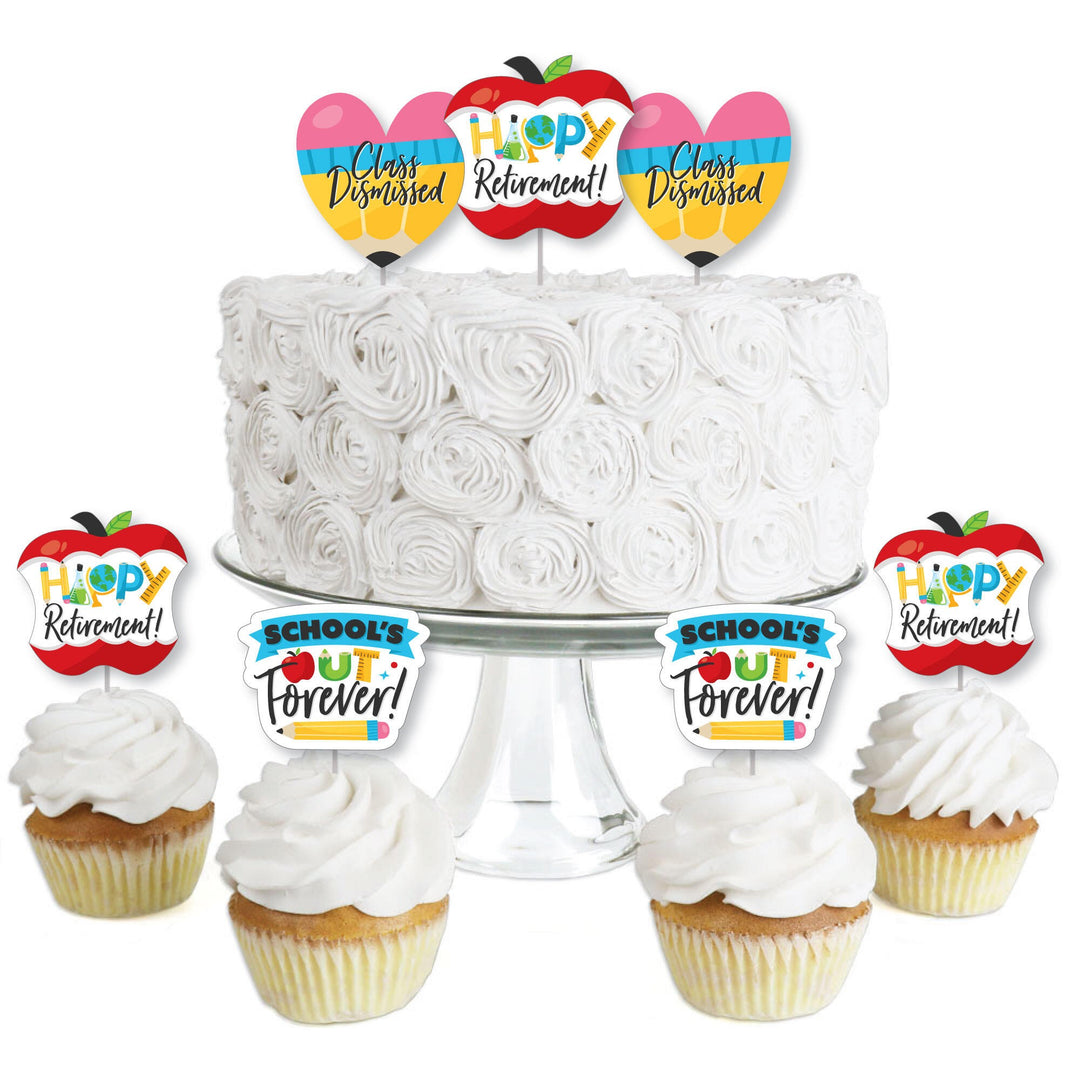 A set of dessert cupcake toppers with 'Happy Retirement' and 'School's Out Forever' text, featuring apple shapes, displayed on a white cake and cupcakes.