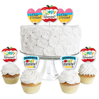 A set of dessert cupcake toppers with 'Happy Retirement' and 'School's Out Forever' text, featuring apple shapes, displayed on a white cake and cupcakes.