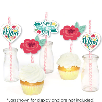 Colorful Floral Happy Mother's Day - Paper Straw Decor - We Love Mom Party Striped Decorative Straws - Set of 24