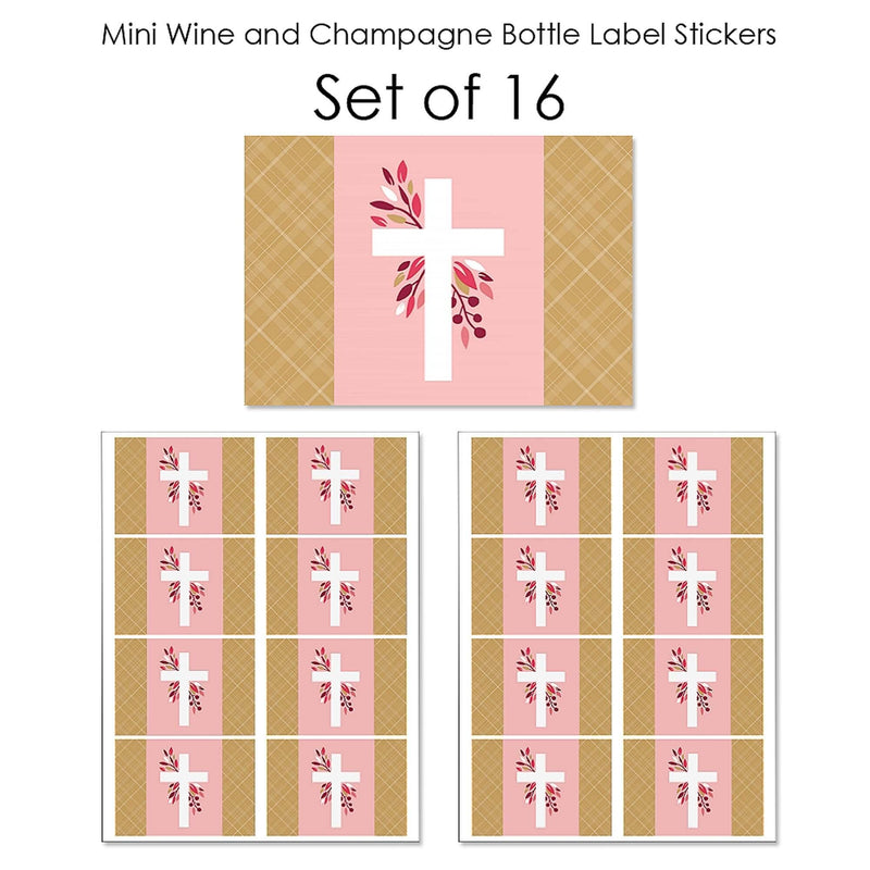 Pink Elegant Cross - Mini Wine and Champagne Bottle Label Stickers - Girl Religious Party Favor Gift for Women and Men - Set of 16