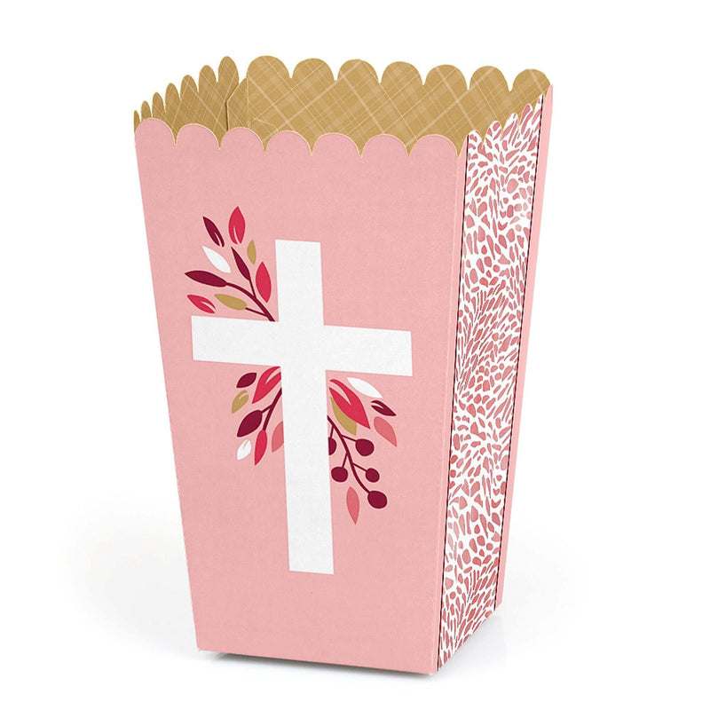 Pink Elegant Cross - Girl Religious Party Favor Popcorn Treat Boxes - Set of 12