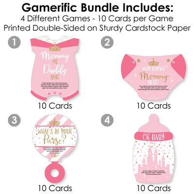 Little Princess Crown - 4 Pink and Gold Princess Baby Shower Games - 10 Cards Each - Who Knows Mommy Best, Mommy or Daddy Quiz, What's in Your Purse and Oh Baby - Gamerific Bundle