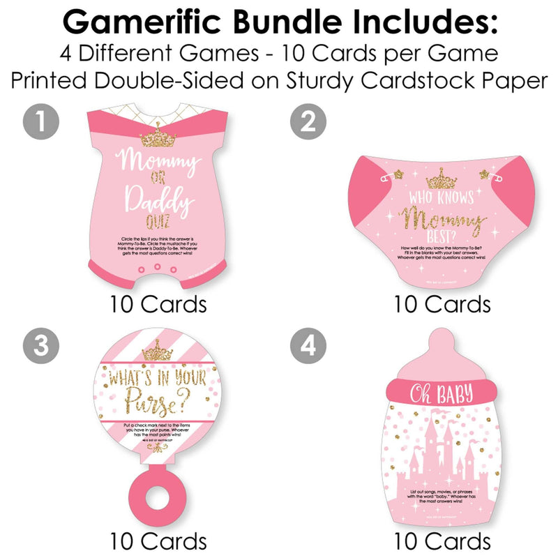 Little Princess Crown - 4 Pink and Gold Princess Baby Shower Games - 10 Cards Each - Who Knows Mommy Best, Mommy or Daddy Quiz, What&