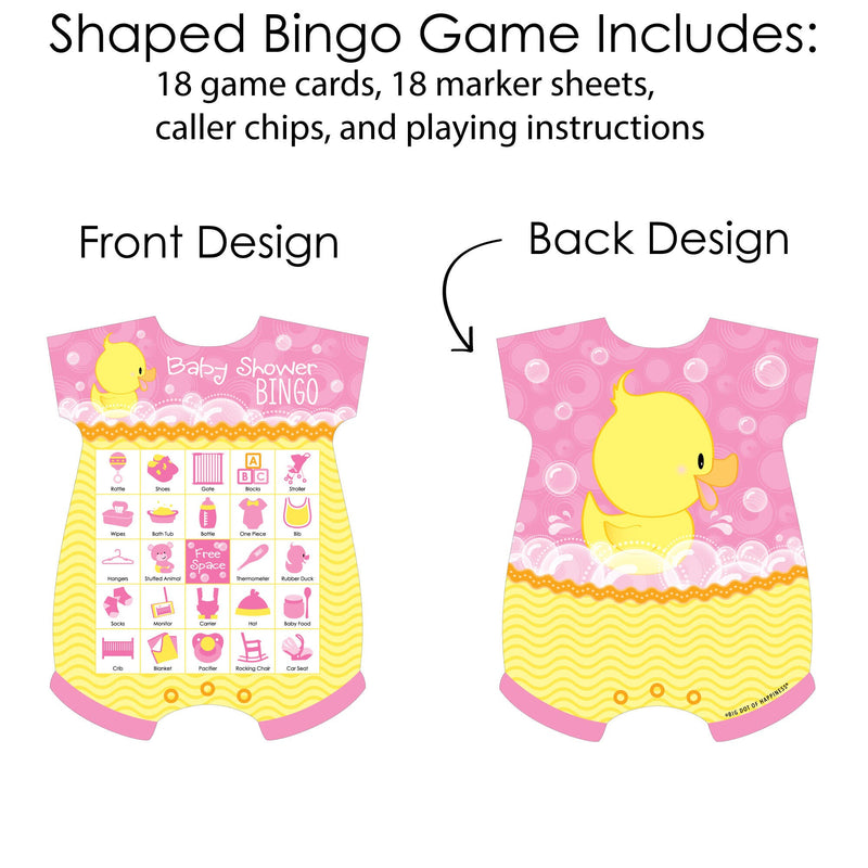 Pink Ducky Duck - Picture Bingo Cards and Markers - Baby Shower Shaped Bingo Game - Set of 18