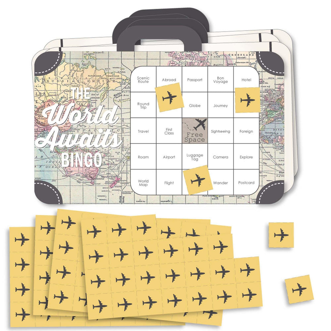 World Awaits - Bingo Cards and Markers - Travel Themed Party Shaped Bingo Game - Set of 18