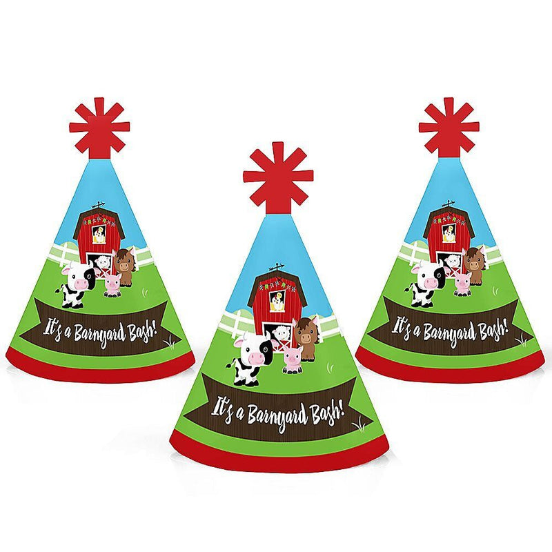 Farm Animals - Mini Cone Barnyard Baby Shower or Birthday Party Hats - Small Little Party Hats - Set of 8