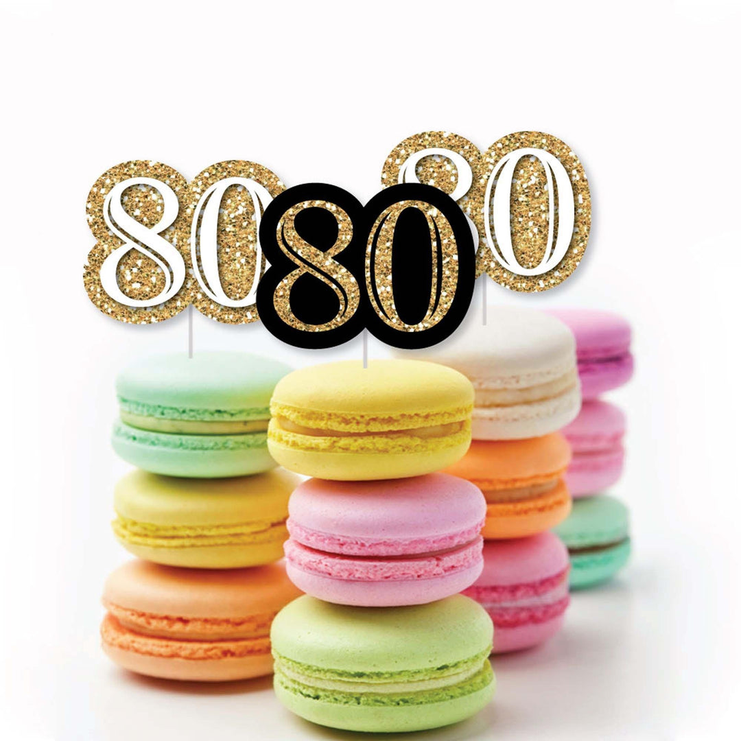 Adult 80th Birthday - Gold - Dessert Cupcake Toppers - Birthday Party Clear Treat Picks - Set of 24