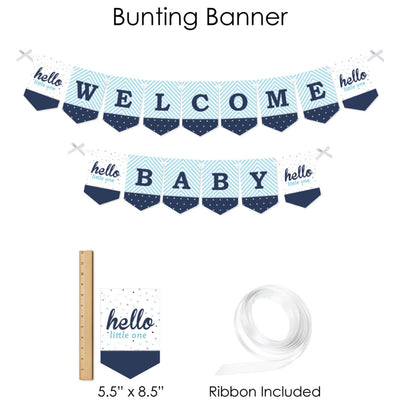 Hello Little One - Blue and Silver - Boy Baby Shower Supplies - Banner Decoration Kit - Fundle Bundle