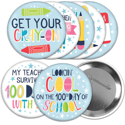 Happy 100th Day of School - 3 inch 100 Days Party Badge - Pinback Buttons - Set of 8