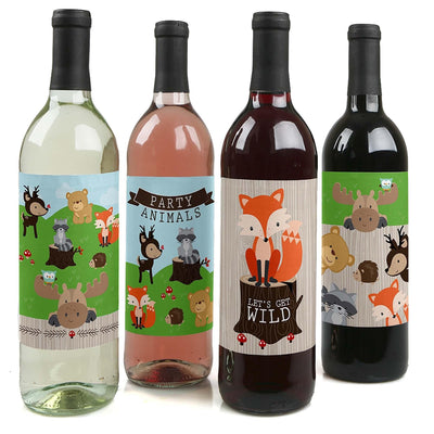 Woodland Creatures - Baby Shower or Birthday Party Decorations for Women and Men - Wine Bottle Label Stickers - Set of 4