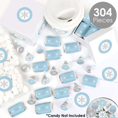 Winter Wonderland - Mini Candy Bar Wrappers, Round Candy Stickers and Circle Stickers - Snowflake Holiday Party and Winter Wedding Candy Favor Sticker Kit - 304 Pieces