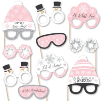 Pink Winter Wonderland Glasses and Headpieces - Paper Card Stock Holiday Snowflake Birthday Party and Baby Shower Photo Booth Props Kit - 10 Count