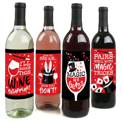 Ta-Da, Magic Show - Magical Birthday Party Decorations for Women and Men - Wine Bottle Label Stickers - Set of 4