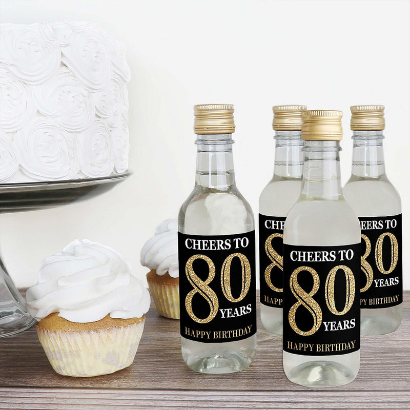 Adult 80th Birthday - Gold - Mini Wine and Champagne Bottle Label Stickers - Birthday Party Favor Gift - For Women and Men - Set of 16
