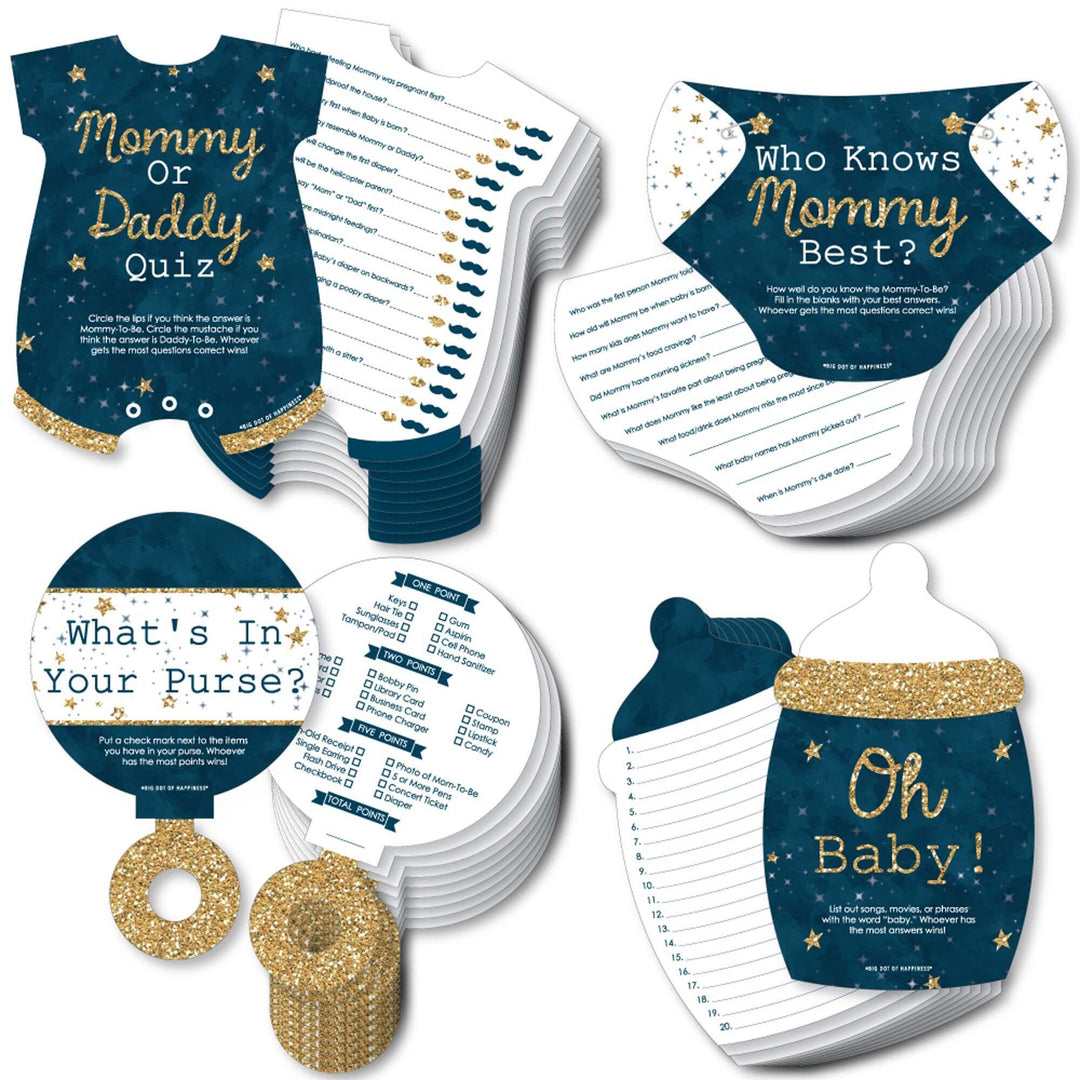 A set of four baby shower games with blue and gold star themed cards titled 'Mommy or Daddy Quiz', 'Who Knows Mommy Best', 'What's in Your Purse', and 'Oh Baby'.