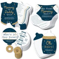 A set of four baby shower games with blue and gold star themed cards titled 'Mommy or Daddy Quiz', 'Who Knows Mommy Best', 'What's in Your Purse', and 'Oh Baby'.