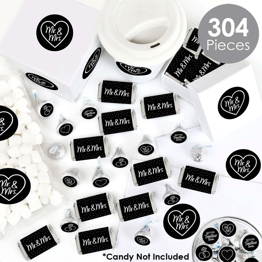 Mr. and Mrs. - Mini Candy Bar Wrappers, Round Candy Stickers and Circle Stickers - Black and White Wedding or Bridal Shower Candy Favor Sticker Kit - 304 Pieces