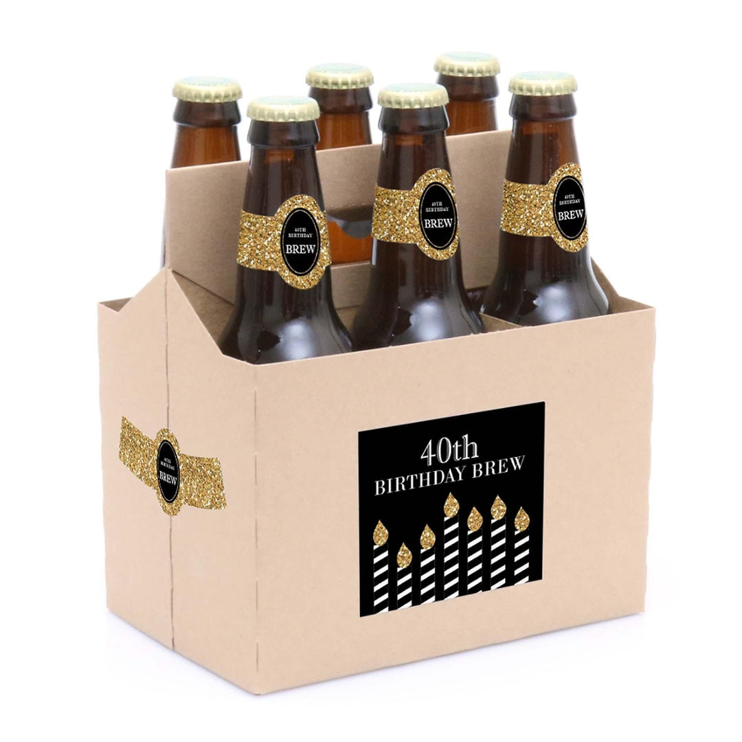 Adult 40th Birthday - Gold - Decorations for Women and Men - 6 Beer Bottle Labels and 1 Carrier - Birthday Gift