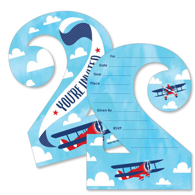 2nd Birthday Taking Flight - Airplane - Shaped Fill-In Invitations - Vintage Plane Second Birthday Party Invitation Cards with Envelopes - Set of 12