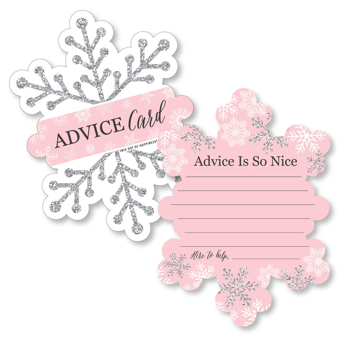 Shaped advice cards with a pink winter wonderland theme, displaying a snowflake pattern and space for handwriting a message.