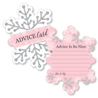 Shaped advice cards with a pink winter wonderland theme, displaying a snowflake pattern and space for handwriting a message.