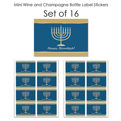 Happy Hanukkah - Mini Wine and Champagne Bottle Label Stickers - Chanukah Party Favor Gift - For Women and Men - Set of 16