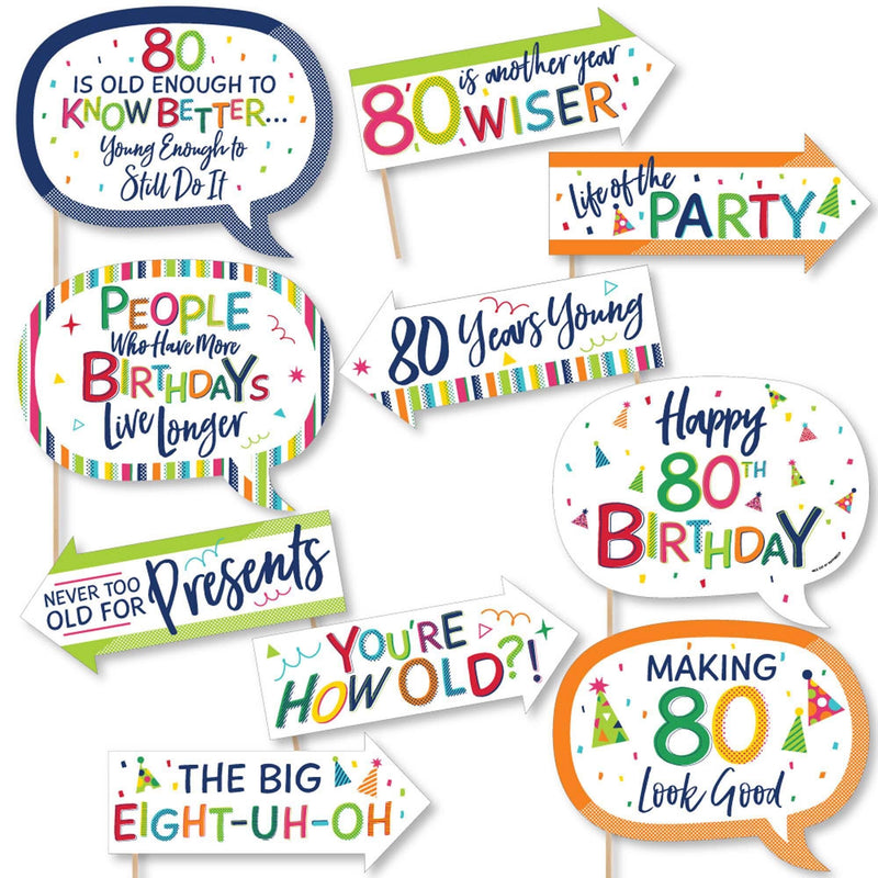 Funny 80th Birthday - Cheerful Happy Birthday - 10 Piece Colorful Eightieth Birthday Party Photo Booth Props Kit