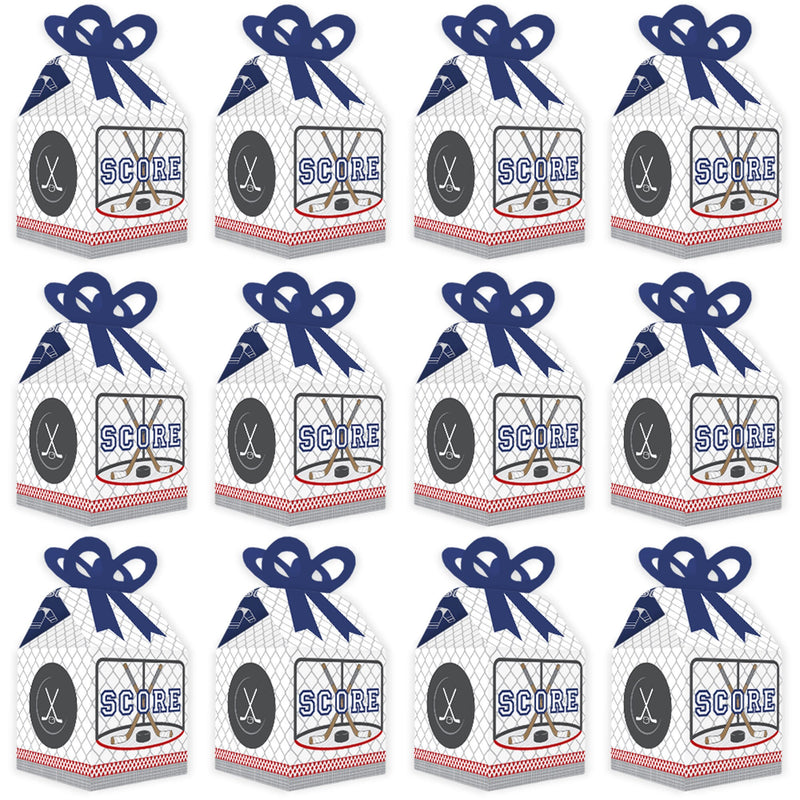 Shoots & Scores! - Hockey - Square Favor Gift Boxes - Baby Shower or Birthday Party Bow Boxes - Set of 12