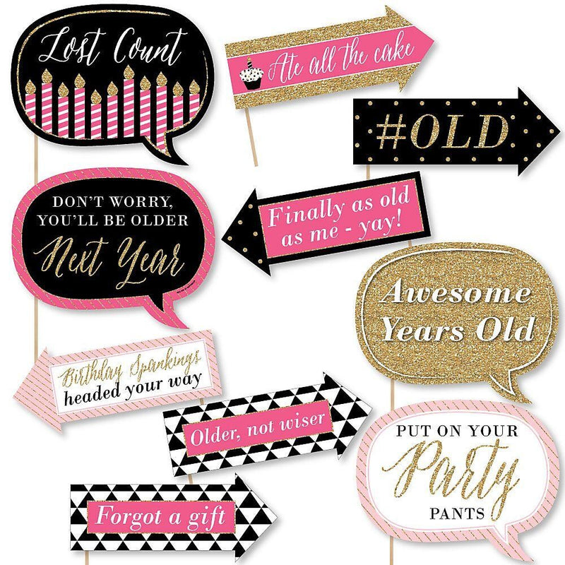 Funny Chic Happy Birthday - Pink, Black and Gold - 10 Piece Photo Birthday Party Booth Props Kit