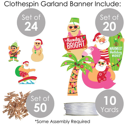 Tropical Christmas - Beach Santa Holiday Party DIY Decorations - Clothespin Garland Banner - 44 Pieces