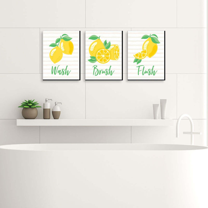 So Fresh - Lemon - Kids Bathroom Rules Wall Art - 7.5 x 10 inches - Set of 3 Signs - Wash, Brush, Flush