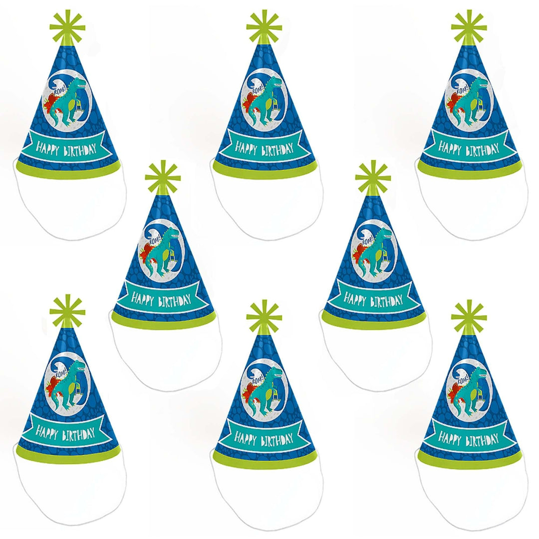 Roar Dinosaur - Cone Happy Birthday Party Hats for Kids and Adults - Set of 8 (Standard Size)