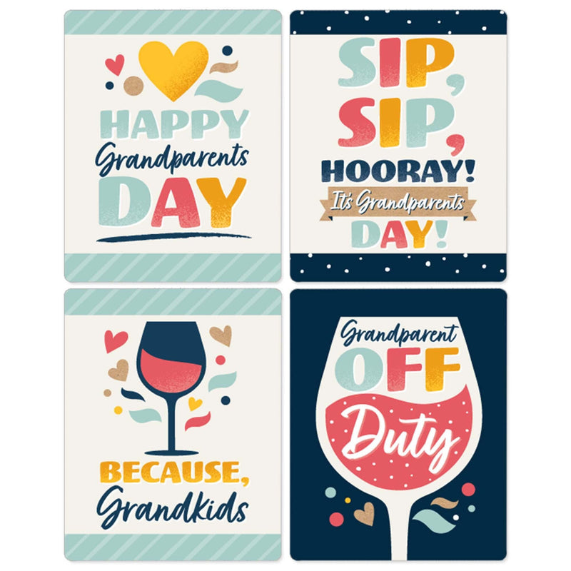 Happy Grandparents Day - Grandma & Grandpa Party Decorations for Women and Men - Wine Bottle Label Stickers - Set of 4