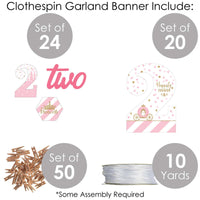 2nd Birthday Little Princess Crown - Pink and Gold Princess Second Birthday Party DIY Decorations - Clothespin Garland Banner - 44 Pieces
