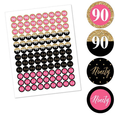 Chic 90th Birthday - Pink, Black and Gold - Round Candy Labels Birthday Party Favors - Fits Hershey's Kisses - 108 ct