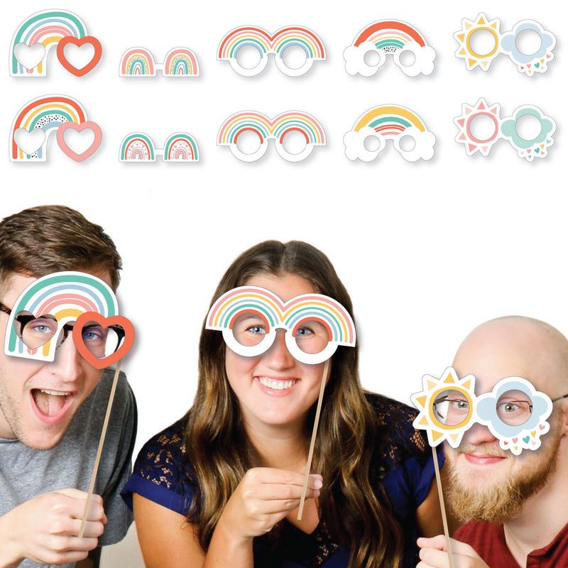 Hello Rainbow Glasses - Paper Card Stock Boho Baby Shower and Birthday Party Photo Booth Props Kit - 10 Count