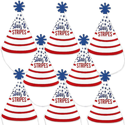 Stars & Stripes - Mini Cone Memorial Day, 4th of July and Labor Day USA Patriotic Party Hats - Small Little Party Hats - Set of 8