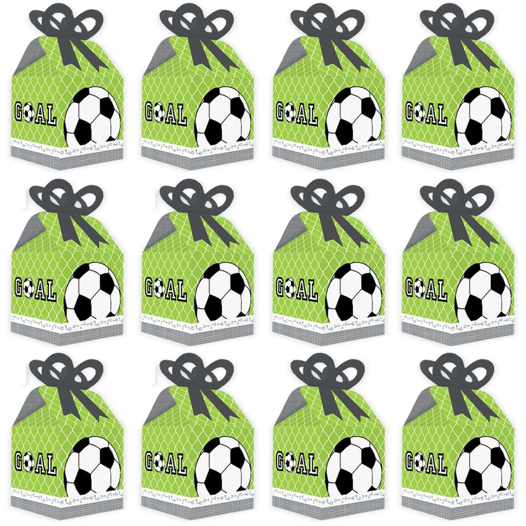 GOAAAL! - Soccer - Square Favor Gift Boxes - Baby Shower or Birthday Party Bow Boxes - Set of 12