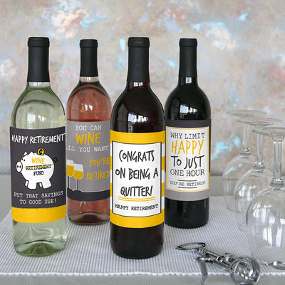 Retirement Party - Decorations for Women and Men - Wine Bottle Label Stickers - Set of 4
