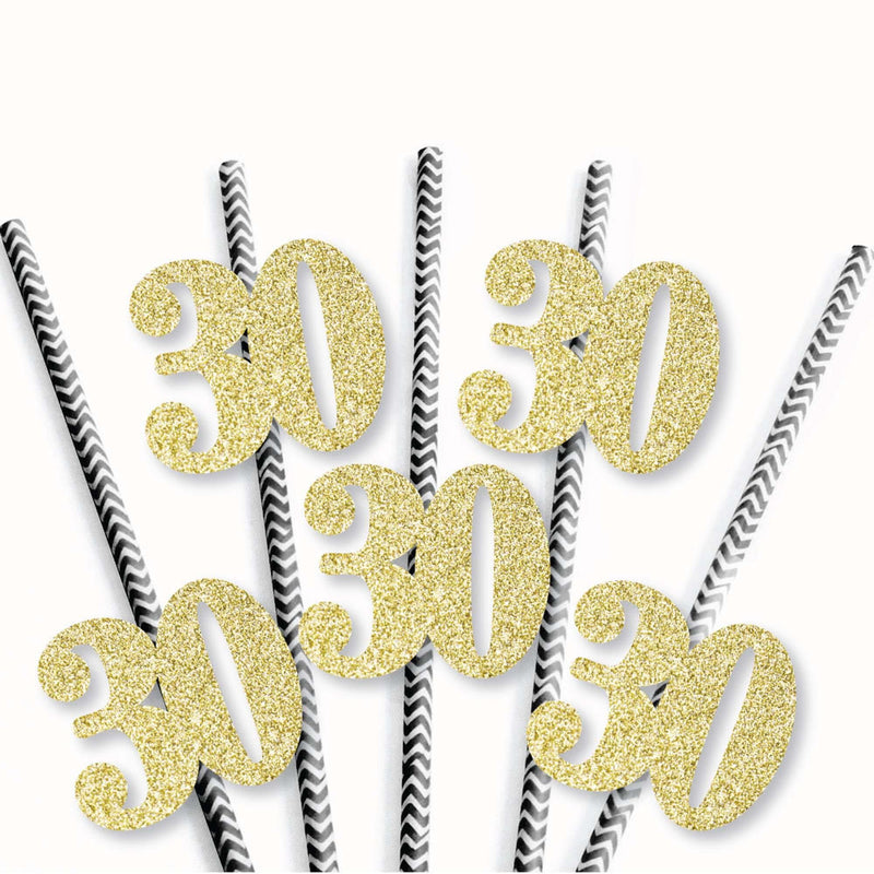 Gold Glitter 30 Party Straws - No-Mess Real Gold Glitter Cut-Out Numbers & Decorative 30th Birthday Party Paper Straws - Set of 24