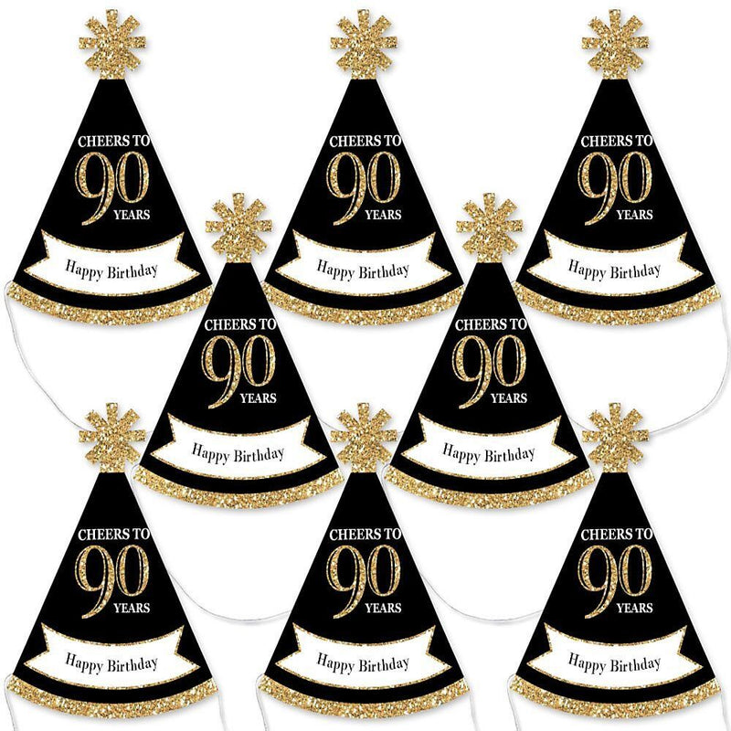 Adult 90th Birthday - Gold - Mini Cone Birthday Party Hats - Small Little Party Hats - Set of 8
