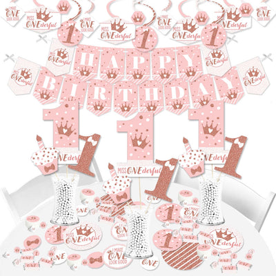 1st Birthday Little Miss Onederful - Girl First Birthday Party Supplies - Banner Decoration Kit - Fundle Bundle