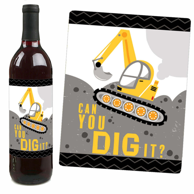 Dig It - Construction Party Zone - Baby Shower or Birthday Party Decorations for Women and Men - Wine Bottle Label Stickers - Set of 4