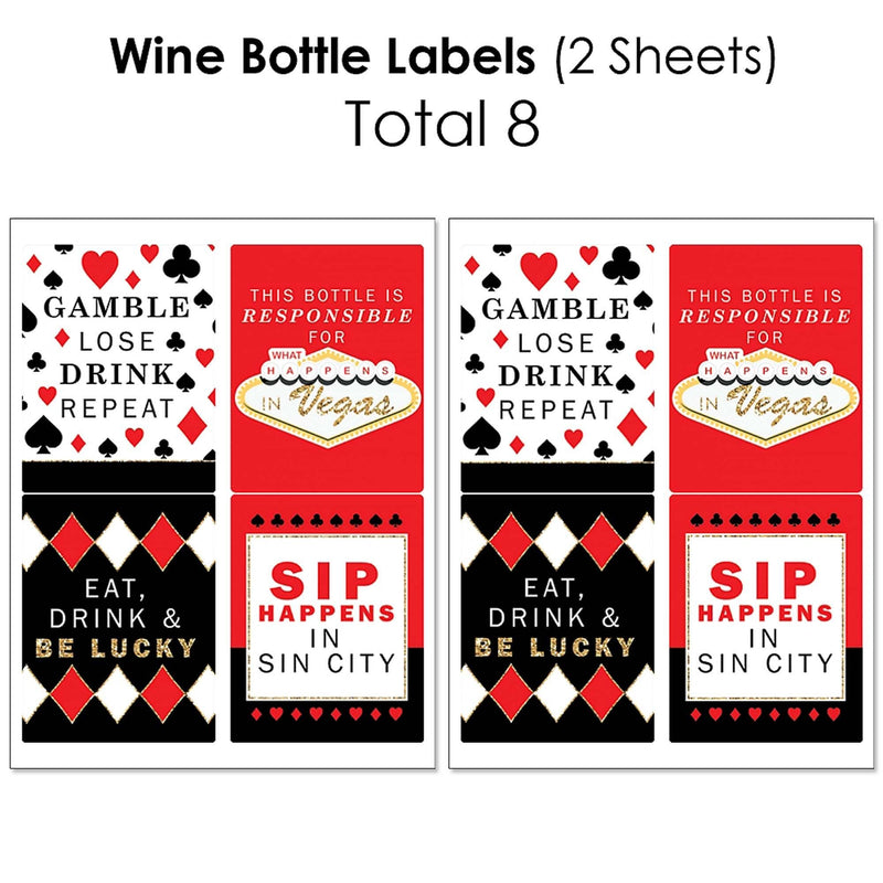 Las Vegas - Mini Wine Bottle Labels, Wine Bottle Labels and Water Bottle Labels - Casino Party Decorations - Beverage Bar Kit - 34 Pieces