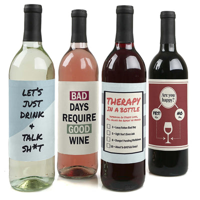 Therapy in a Bottle - Rough Day Decorations for Women and Men - Wine Bottle Labels - Set of 4
