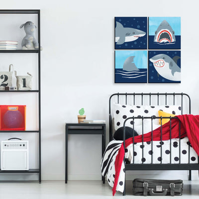 Shark Zone - Kids Room and Home Decor - 11 x 11 inches Wall Art - Set of 4 Prints for Kid's Room